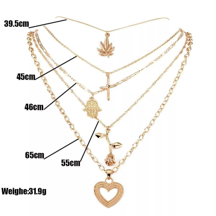 2pcs Ladies Layered Heart Rose Cross Maple Palm Pendant  Necklace Bennys Beauty World