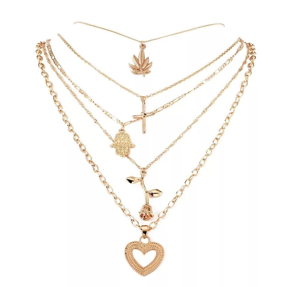 2pcs Ladies Layered Heart Rose Cross Maple Palm Pendant  Necklace Bennys Beauty World