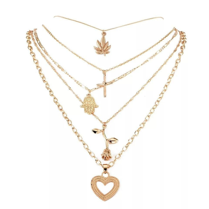 2pcs Ladies Layered Heart Rose Cross Maple Palm Pendant  Necklace Bennys Beauty World