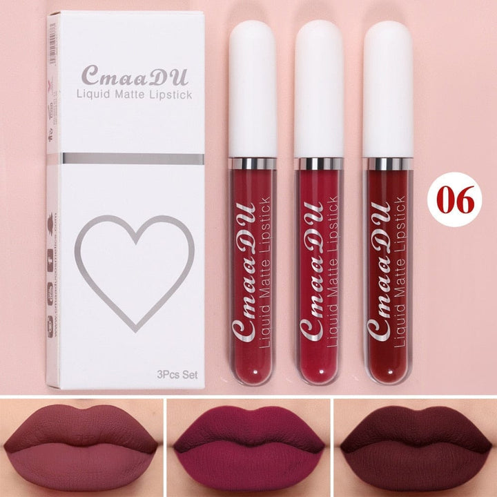 3 Colors/set Matte Velvet Lip Gloss Non-Stick Cup Waterproof Lipstick Bennys Beauty World