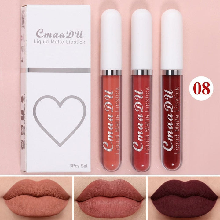 3 Colors/set Matte Velvet Lip Gloss Non-Stick Cup Waterproof Lipstick Bennys Beauty World