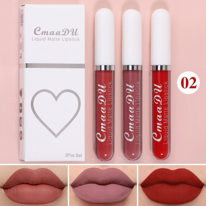 3 Colors/set Matte Velvet Lip Gloss Non-Stick Cup Waterproof Lipstick Bennys Beauty World