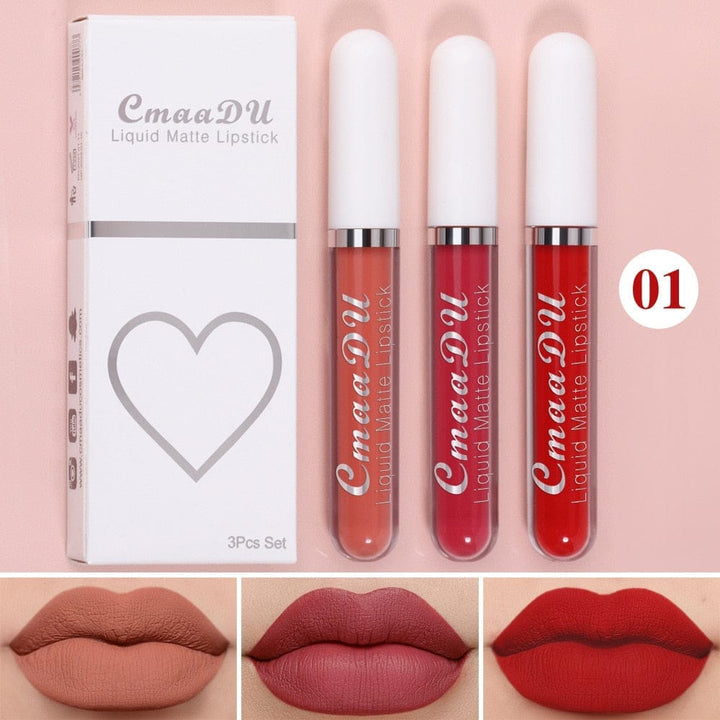 3 Colors/set Matte Velvet Lip Gloss Non-Stick Cup Waterproof Lipstick Bennys Beauty World