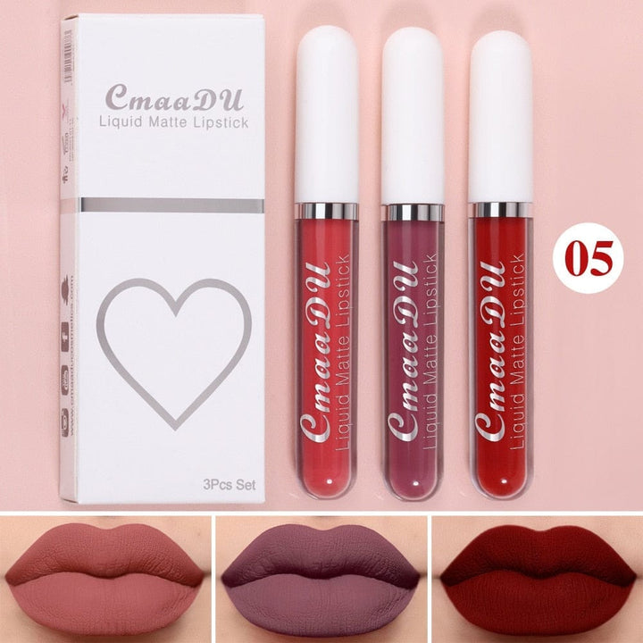 3 Colors/set Matte Velvet Lip Gloss Non-Stick Cup Waterproof Lipstick Bennys Beauty World