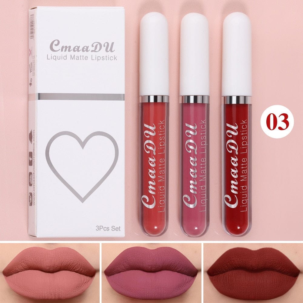 3 Colors/set Matte Velvet Lip Gloss Non-Stick Cup Waterproof Lipstick Bennys Beauty World