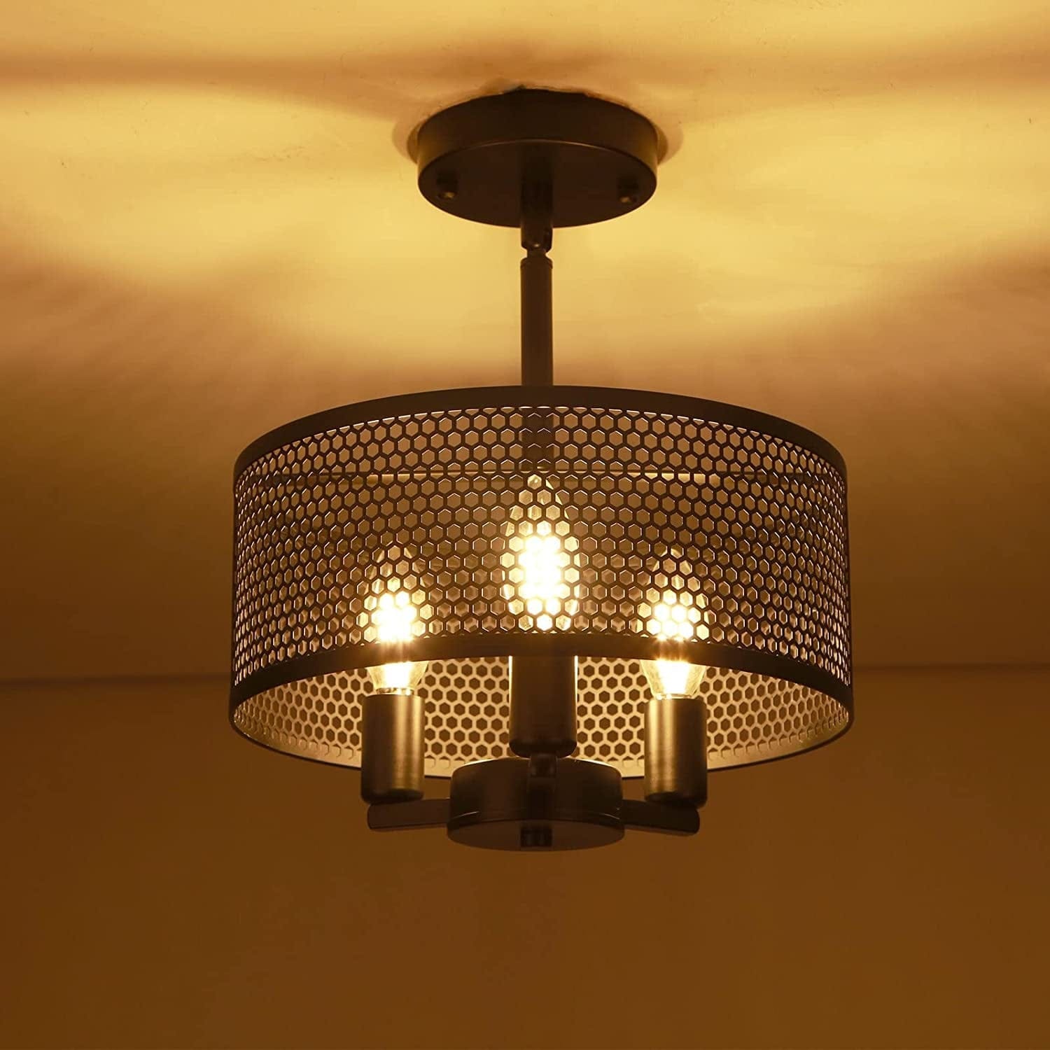 3-Light Industrial Ceiling Light, Modern Black Semi Flush Mount
