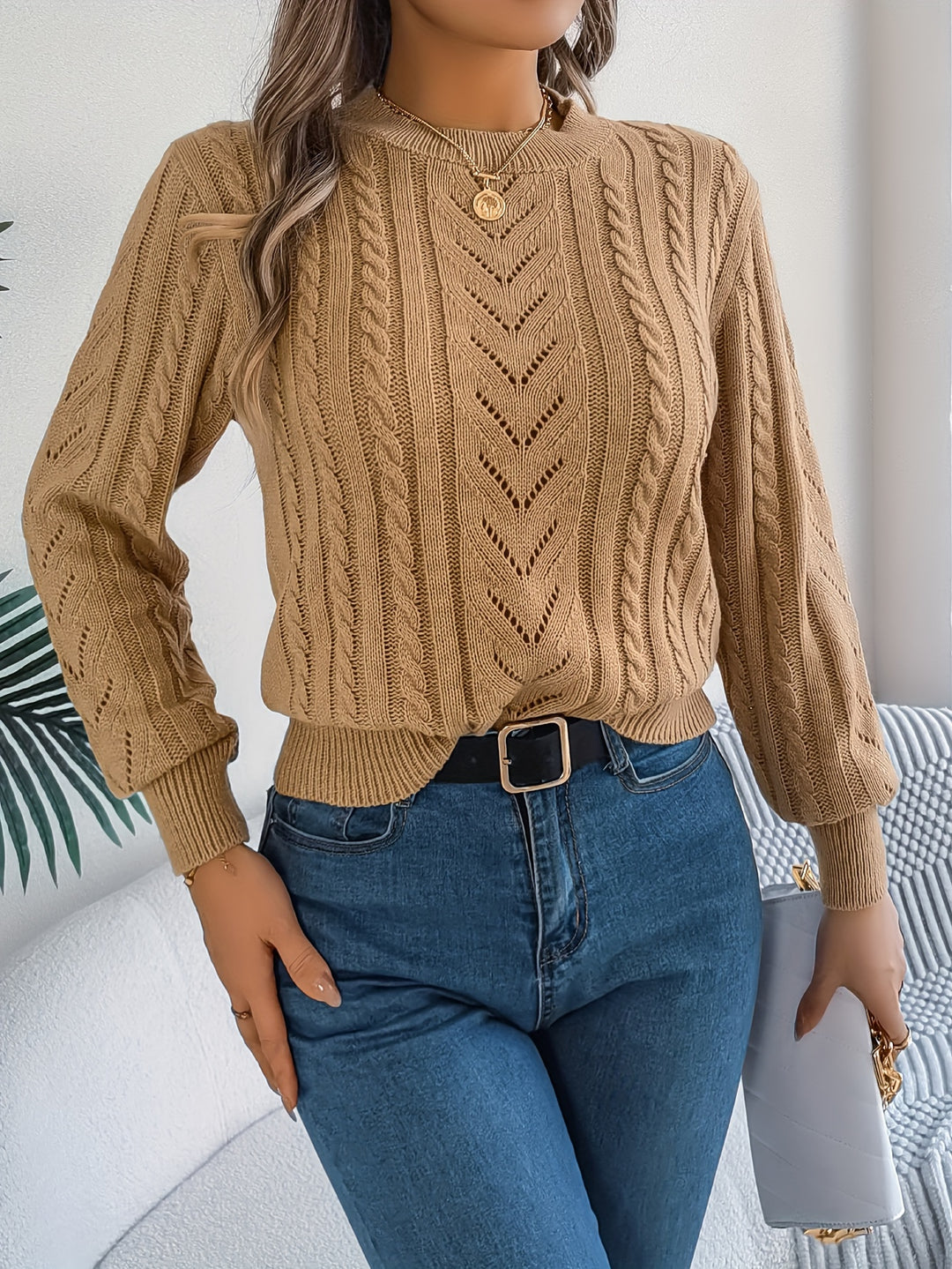 Women's Cozy Cable Knit Sweater - Soft, Long Sleeve, Round Neck with Hollow-Out Design for Warmth & Breathability in Fall/Winter-Bennys Beauty World