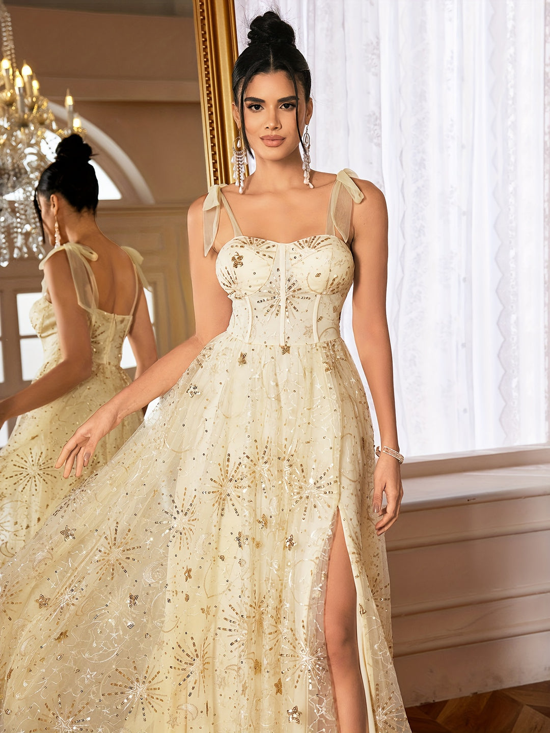 Long Sleeve Mesh Overlay Wedding Dress with Thin Straps