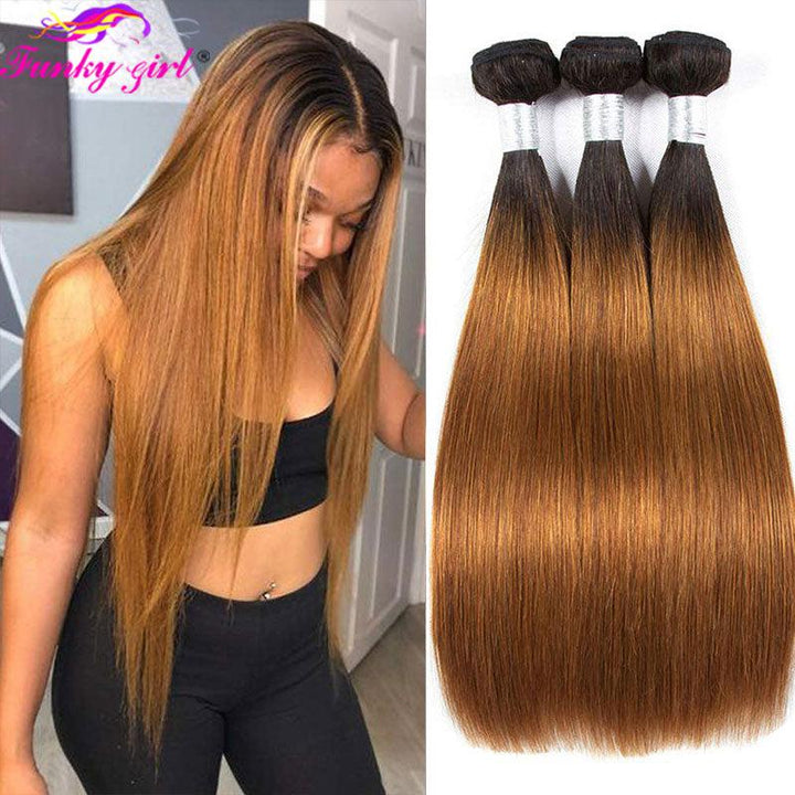 32 Inch Brazilian Straight Hair 1B/30 Two Toned Human Hair Weave Bundles Bennys Beauty World