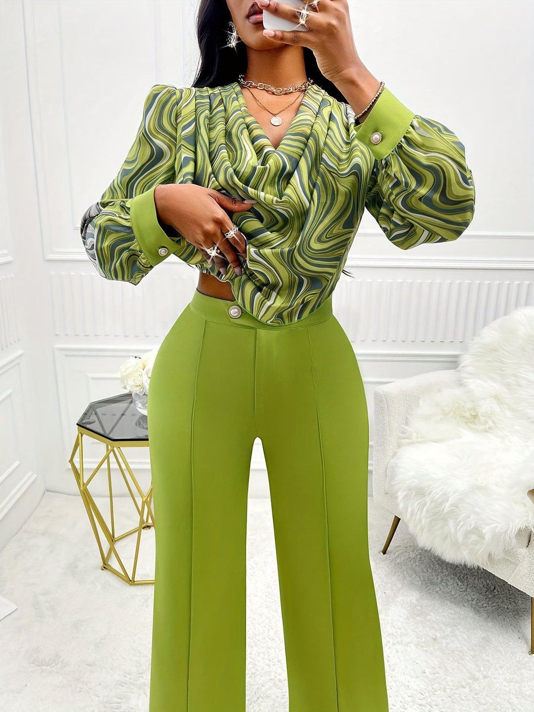 Elegant Spring & Fall Pants Set, Abstract Print Cowl Neck Blouse & Solid Color Straight Leg Simple Pants, Women's Clothing-Bennys Beauty World