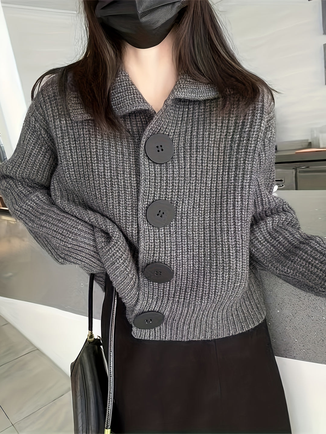 Women's Casual Knit Cardigan with Lapel Collar and Large Button Details, 100% Acrylic Solid Color Sweater for Spring/Summer-Bennys Beauty World