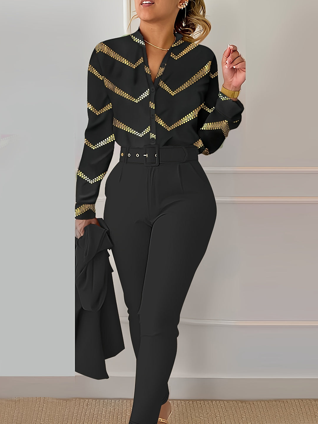 Chevron Chic Color Block Ensemble: Button-Up Long Sleeve Top & Tailored Slim Pants for Women-Bennys Beauty World