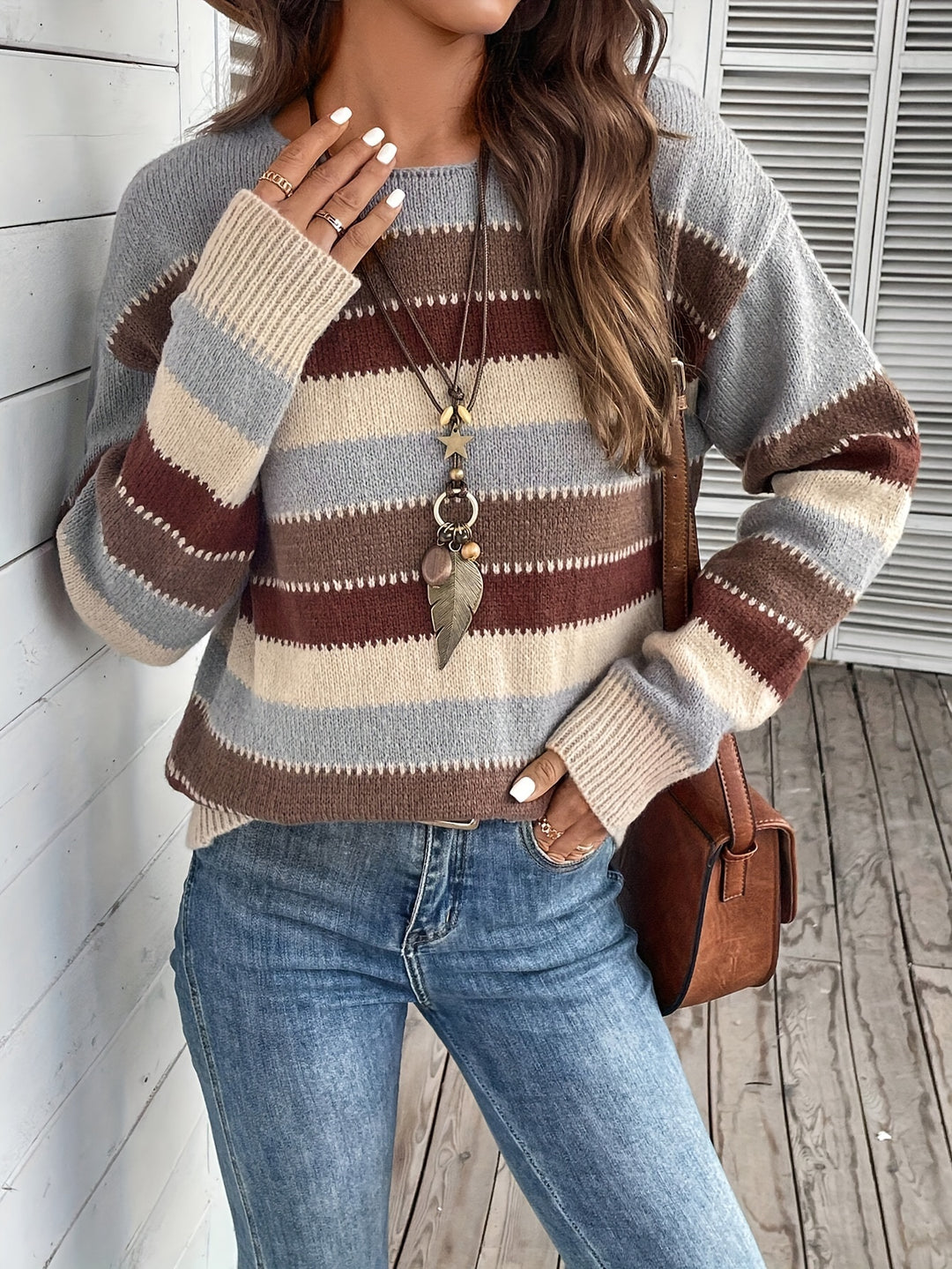 Striped Crew Neck Knitted Sweater, Casual Long Sleeve Pullover Sweater For Fall & Winter, Women's Clothing-Bennys Beauty World