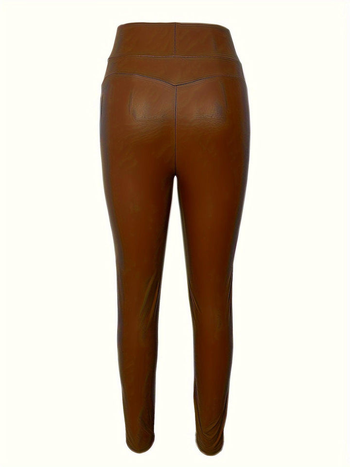 Chic High Waist PU Leather Look Skinny Leggings for Women - Elegant Solid Color Stretch Fit for Any Occasion-Bennys Beauty World