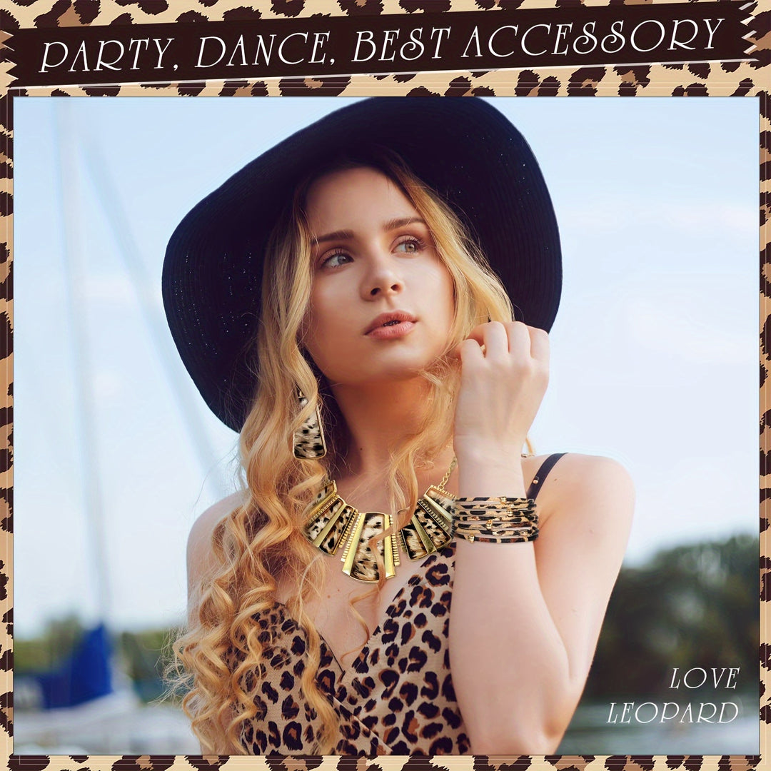 4pcs Leopard Necklace Earrings Bracelets Jewelry Set