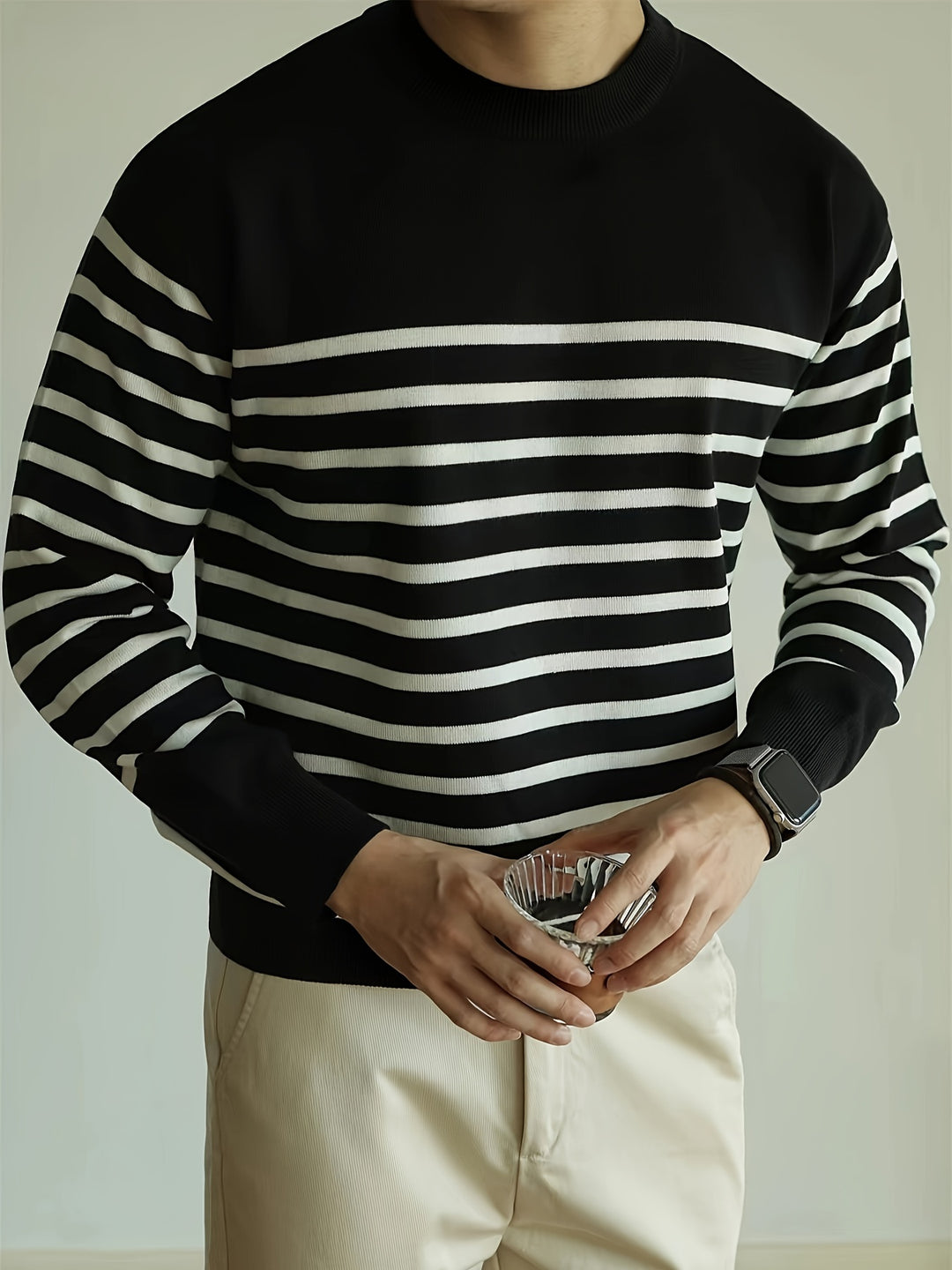 Men's Striped Knitted Pullover, Long Sleeve Crew Neck Sweater For Fall Winter-Bennys Beauty World