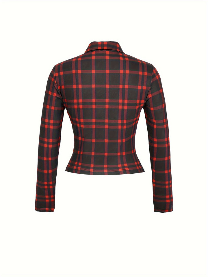 Women's Fashionable Plaid Long Sleeve Top with Deep V-Neck