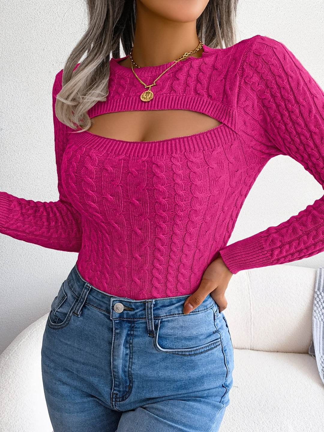 Women's Hollow-Out Knit Pullover Sweater Long Sleeve Crew Neck Top