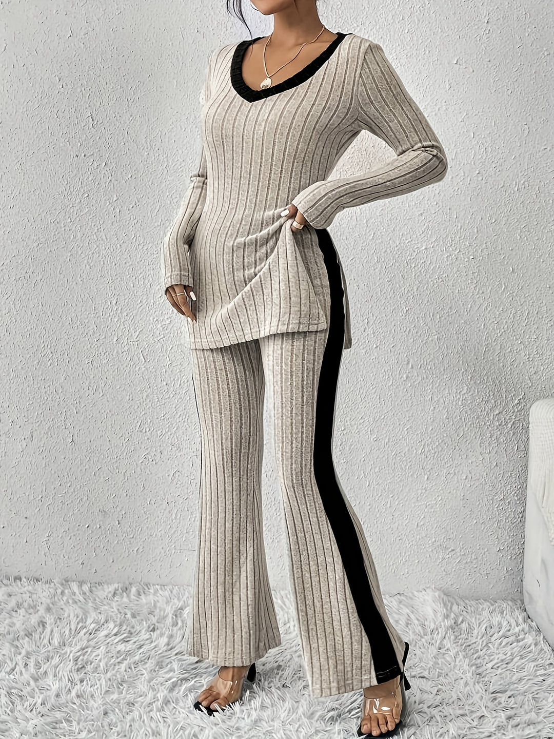 Chic Color Block Rib Knit Pantsuits for Women - Long Sleeve V Neck Top & Flared Pants Set-Bennys Beauty World