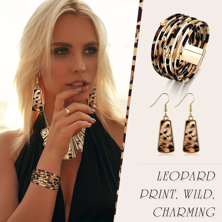 4pcs Leopard Necklace Earrings Bracelets Jewelry Set
