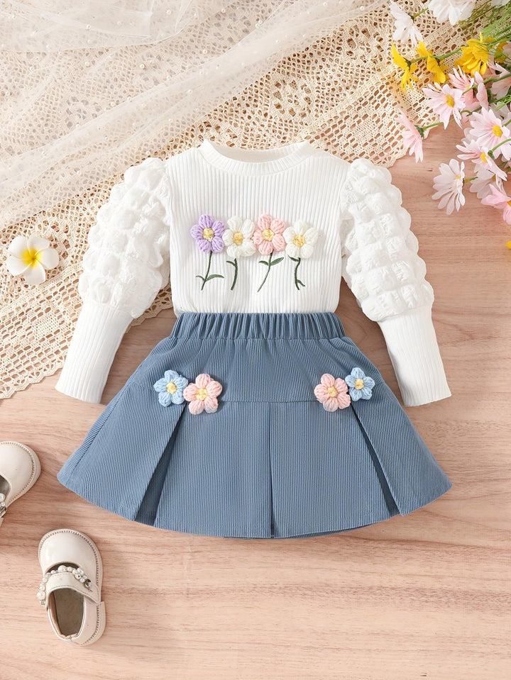 2pcs Baby's Flower Decor Puff Sleeve Ribbed Top + Sweet Pleated Corduroy Skirt, Toddler & Infant Girl's Clothing Set For Spring Fall-Bennys Beauty World