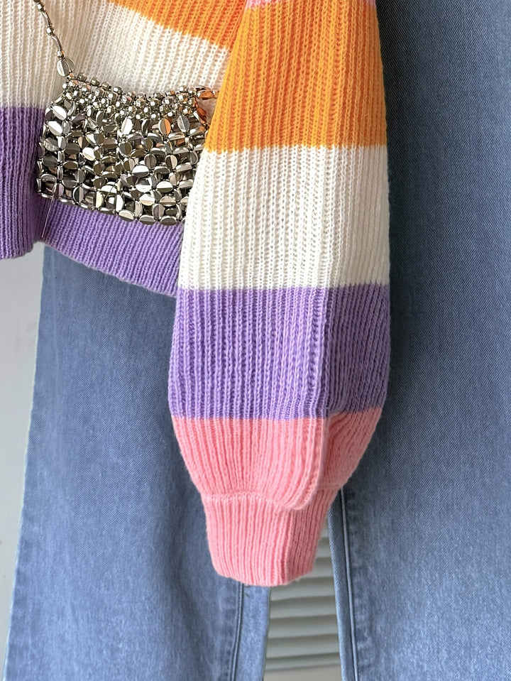 Multicolor Striped Knit Pullover Rainbow Color Crew Neck Sweater