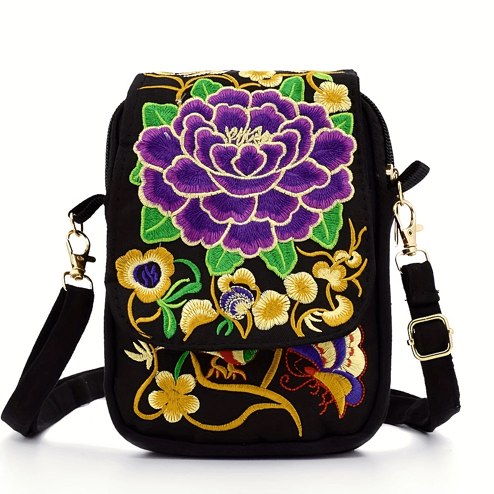 Women's Embroidered Mini Shoulder Bag with Detachable Strap