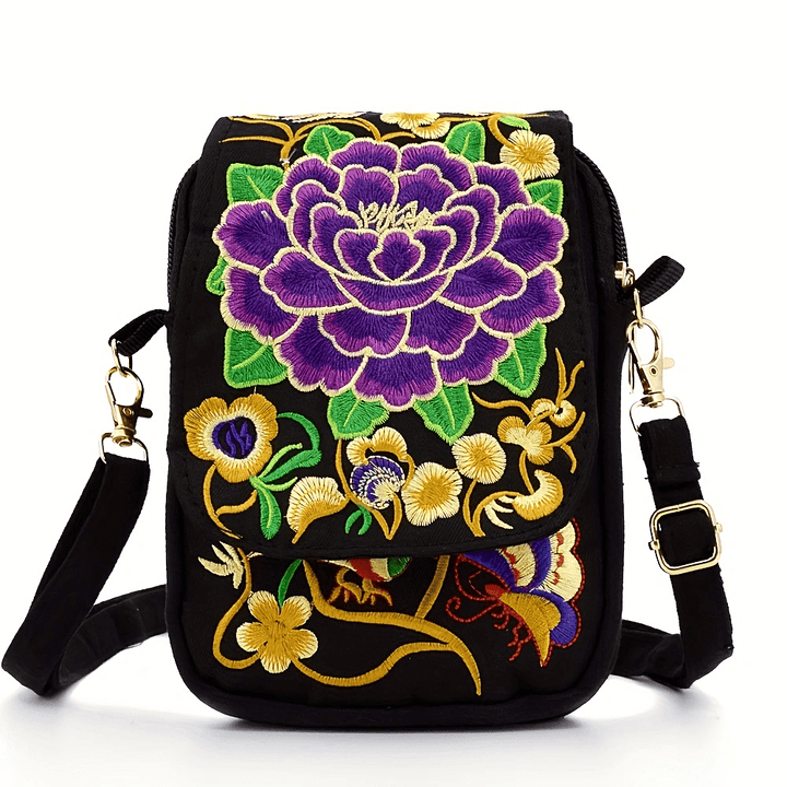 Women's Embroidered Mini Shoulder Bag with Detachable Strap