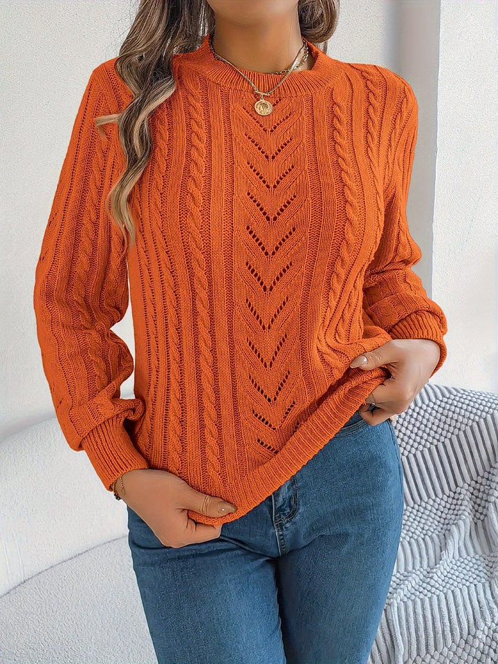 Women's Cozy Cable Knit Sweater - Soft, Long Sleeve, Round Neck with Hollow-Out Design for Warmth & Breathability in Fall/Winter-Bennys Beauty World