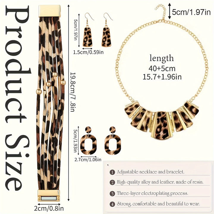 4pcs Leopard Necklace Earrings Bracelets Jewelry Set
