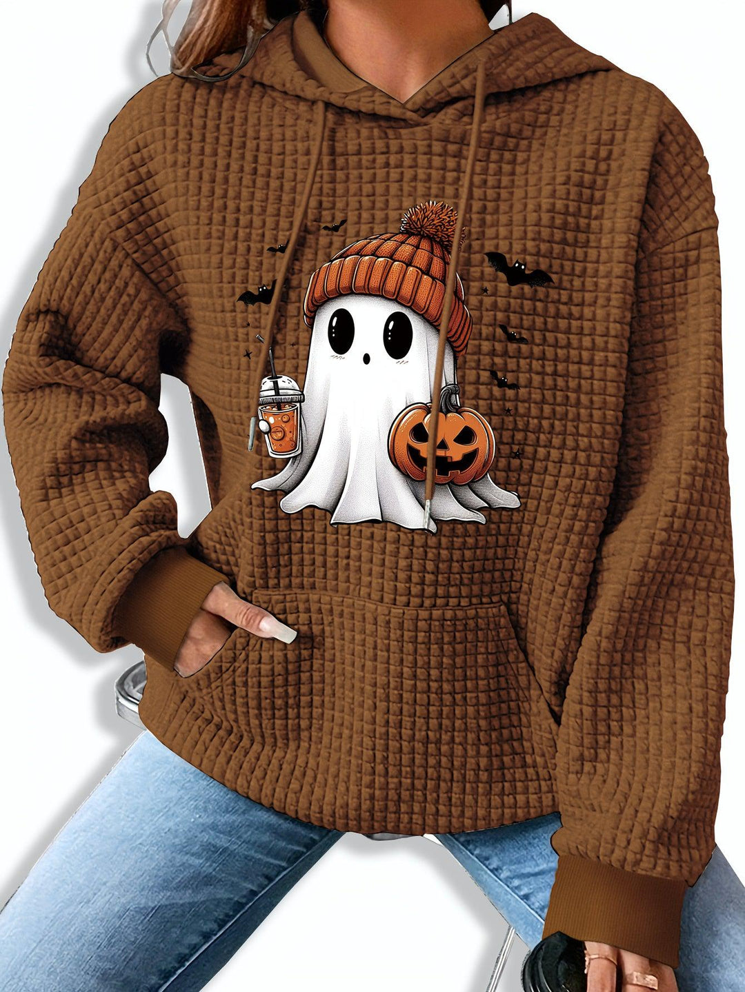 Festive Pumpkin Knit Hoodie - Cozy Long Sleeve Pullover for Halloween Celebrations-Bennys Beauty World