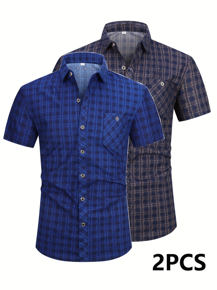 Set of 2 Short-Sleeve Checkered Shirts with Buttons