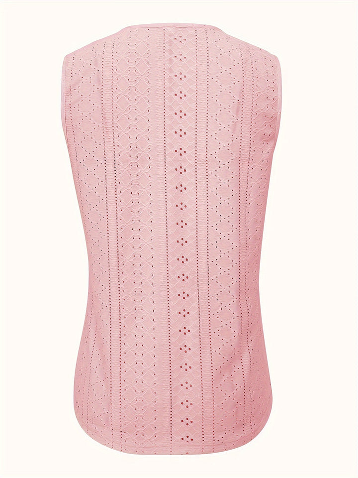 Eyelet Solid Tank Top, Casual Sleeveless Tank Top For Summer, Women's Clothing-Bennys Beauty World
