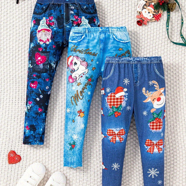 3 Packs Lightweight Thin Leggings Set Faux Denim Print Pants Kids Clothes Gift Spring Fall, As Christmas Gifts-Bennys Beauty World