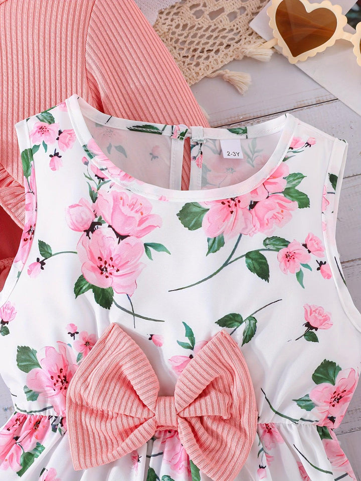 1 set 2pcs Elegant Floral Sleeveless Dress & Long Sleeve Cardigan Set for Girls, Spring/Fall Fashion & Comfort-Bennys Beauty World