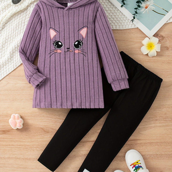 Cartoon Pattern Knit Set For Girls, Long Sleeve Top And Pants, Casual And Comfortable Outfit For Spring And Autumn-Bennys Beauty World