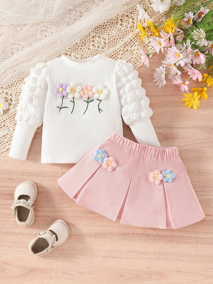 2pcs Baby's Flower Decor Puff Sleeve Ribbed Top + Sweet Pleated Corduroy Skirt, Toddler & Infant Girl's Clothing Set For Spring Fall-Bennys Beauty World