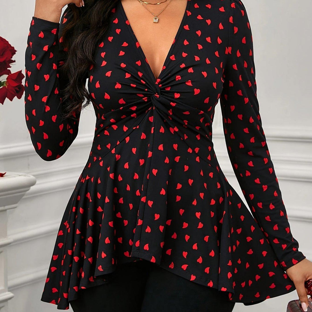 Women's Elegant Twisted Strap Blouse with Heart Pattern