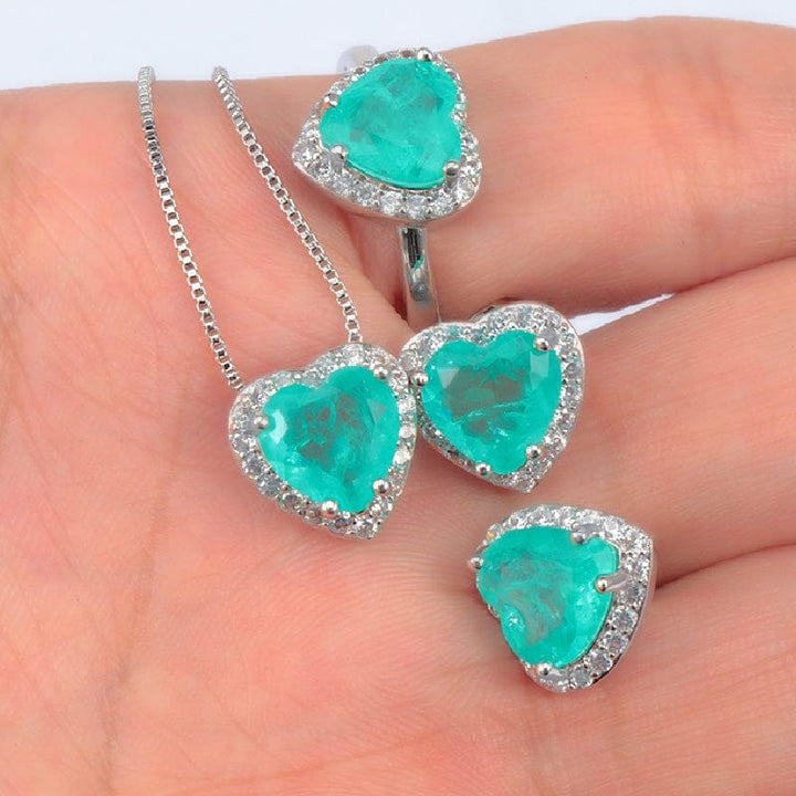 4 Pcs Simple Heart Shaped Sapphire Earrings Rings Necklace Set Bennys Beauty World