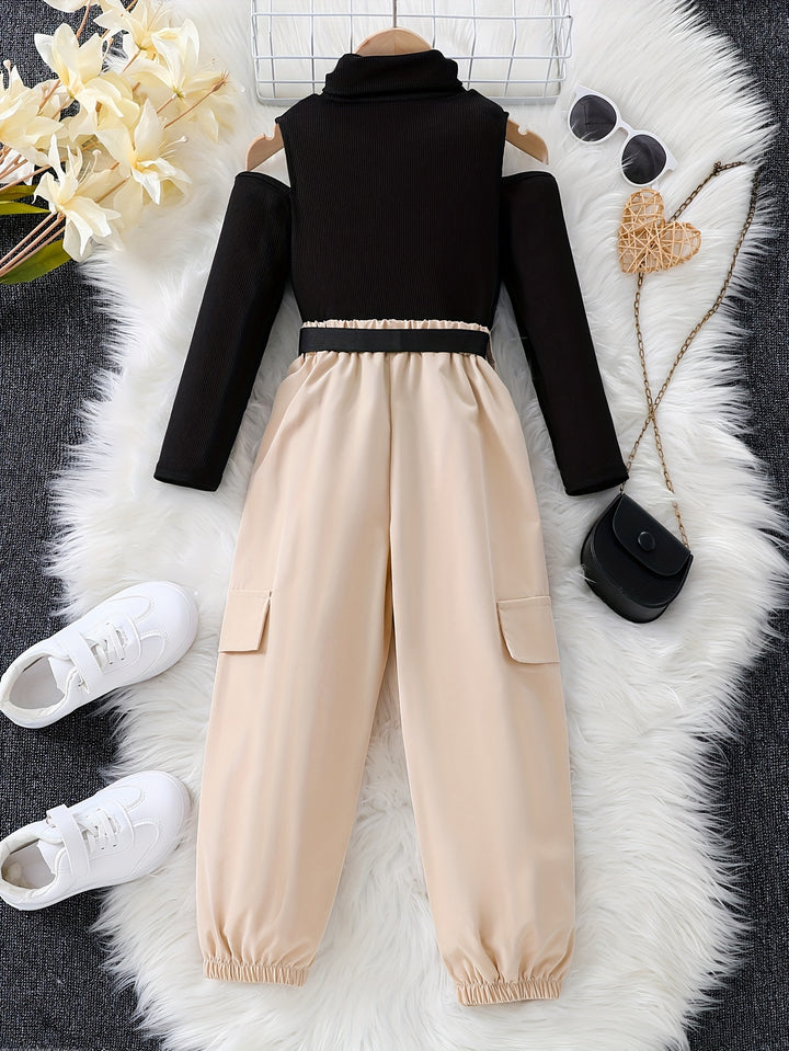 Girls' Chic 2pcs Set: Off-Shoulder Turtleneck & Apricot Cargo Pants with Belt - Perfect for Spring/Fall, Casual or Special Occasions-Bennys Beauty World