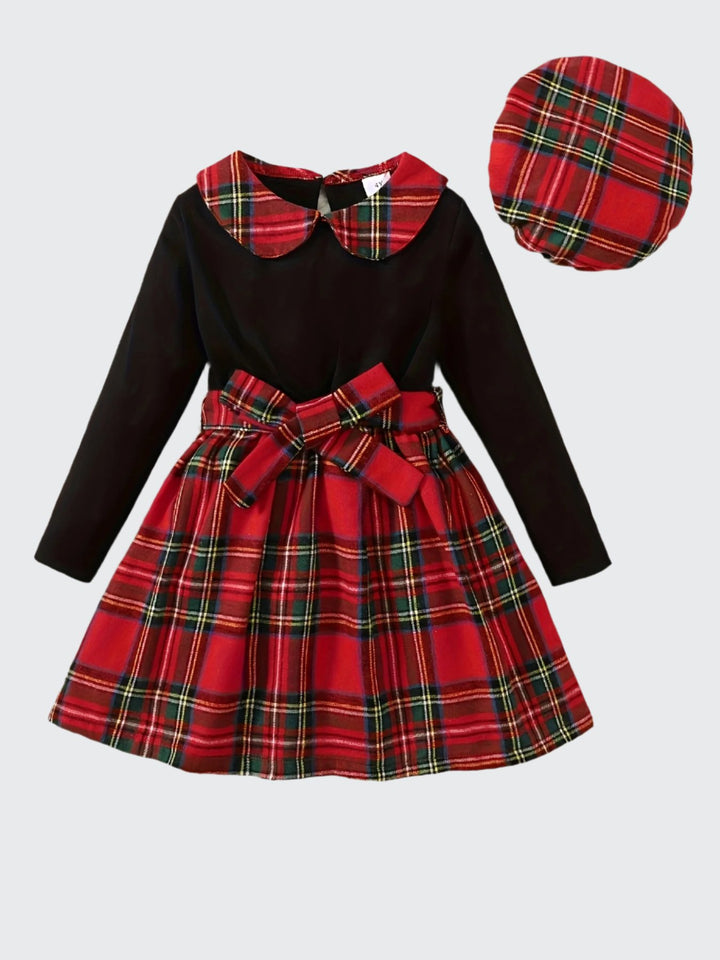 Plaid Casual Long Sleeve Dress + Beret Set For Girls