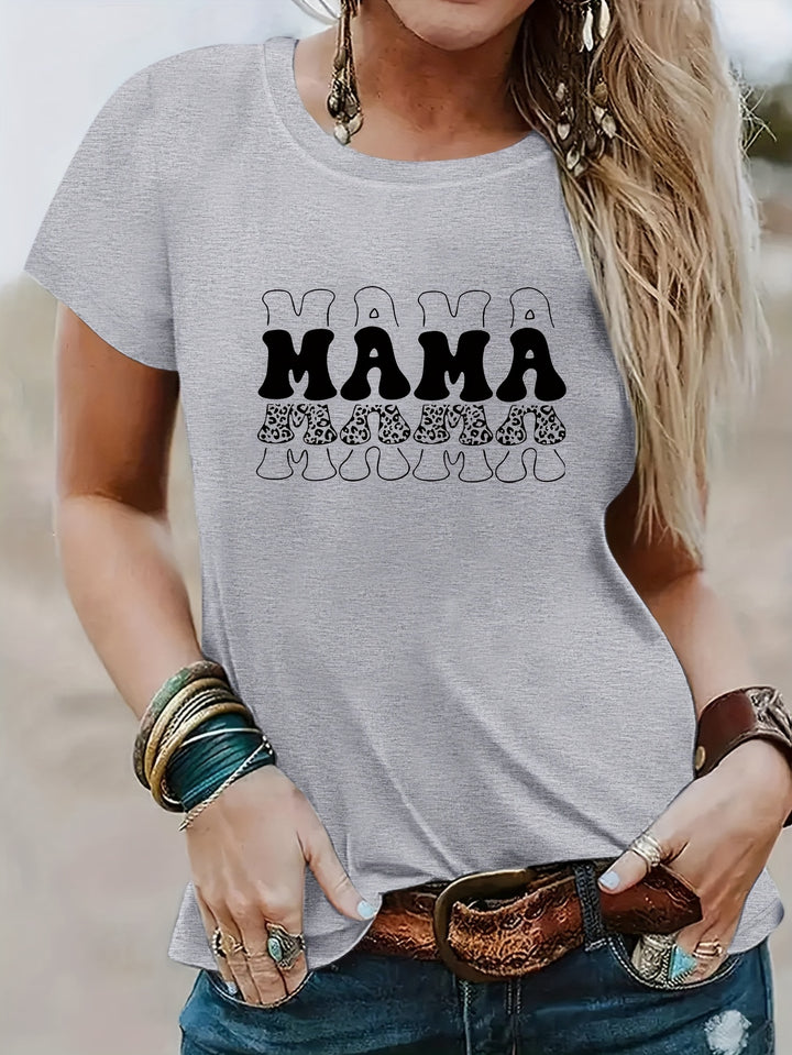 Mother's Day MAMA Print T-Shirt, Casual Crew Neck Short Sleeve Top