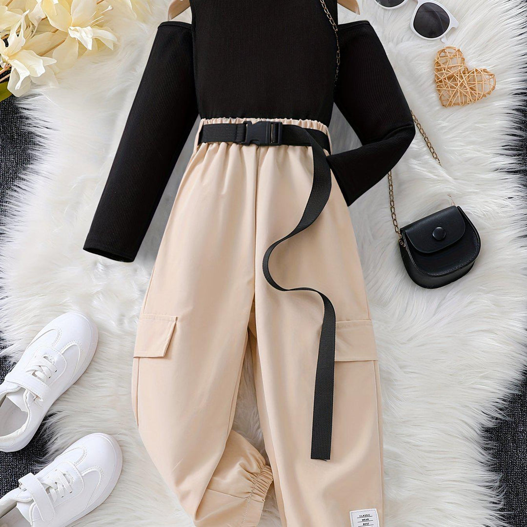 Girls' Chic 2pcs Set: Off-Shoulder Turtleneck & Apricot Cargo Pants with Belt - Perfect for Spring/Fall, Casual or Special Occasions-Bennys Beauty World