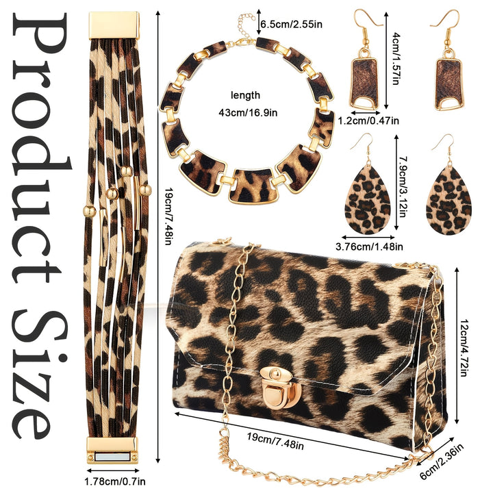 4pcs Leopard Necklace Earrings Bracelets Jewelry Set