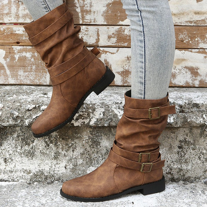 Mid Calf Ruched Buckle Solid Color Retro Ankle Boots For Women Cowboy Boots - Bennys Beauty World