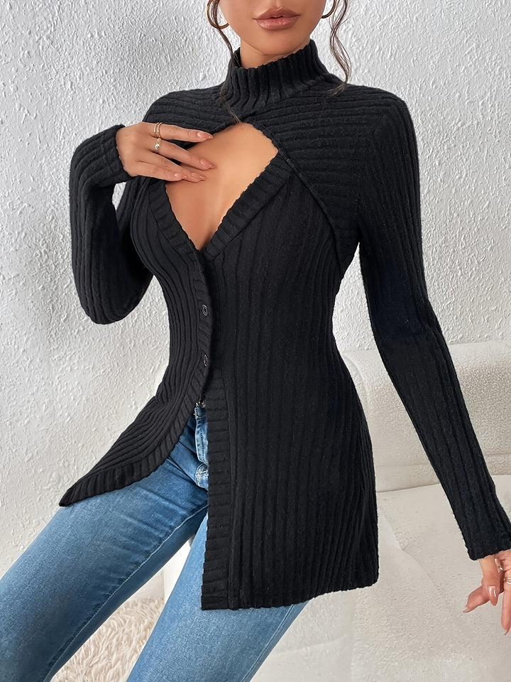 Cut Out Button Front Mock Neck T-Shirt, Casual Long Sleeve Ribbed T-Shirt For Spring & Fall, Women's Clothing-Bennys Beauty World