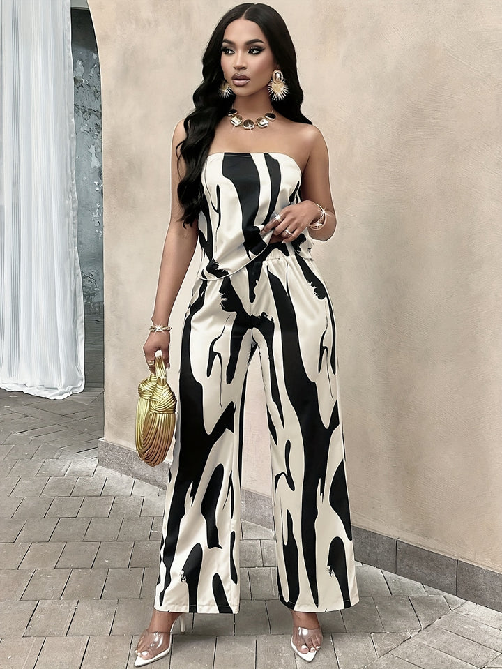 Color Block Stylish Pantsuits, Backless Sleeveless Tube Top & Wide Leg Pants Outfits, Women's Clothing-Bennys Beauty World