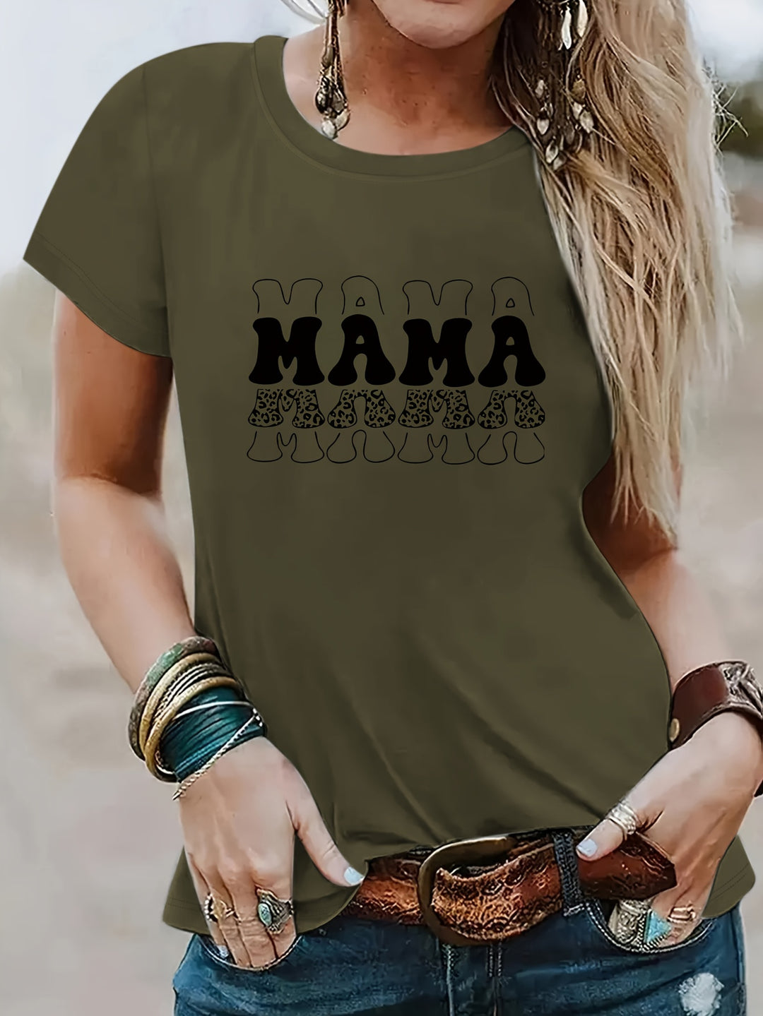 Mother's Day MAMA Print T-Shirt, Casual Crew Neck Short Sleeve Top