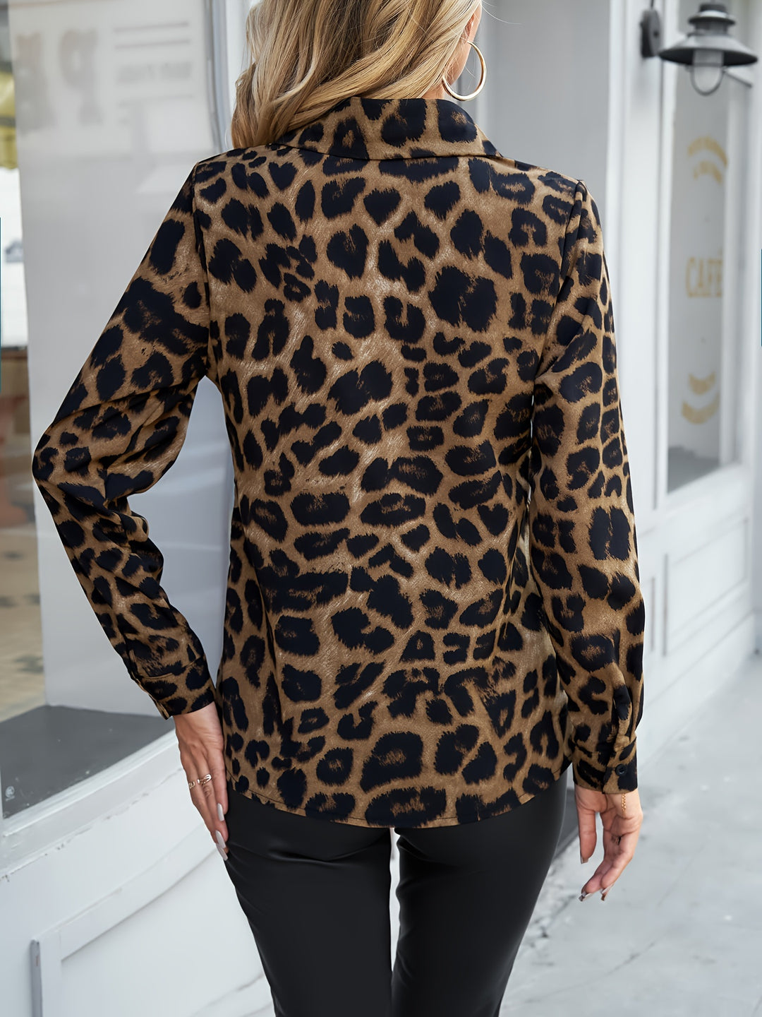 Leopard Print Polo Collar Button Shirt, Casual Long Sleeve Shirt