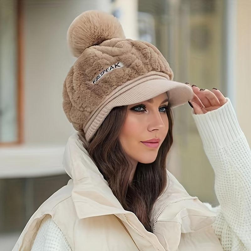 Chic Thick Furry Beanie with Brim - Elegant Coldproof Knit Hat for Women-beenie-Bennys Beauty World